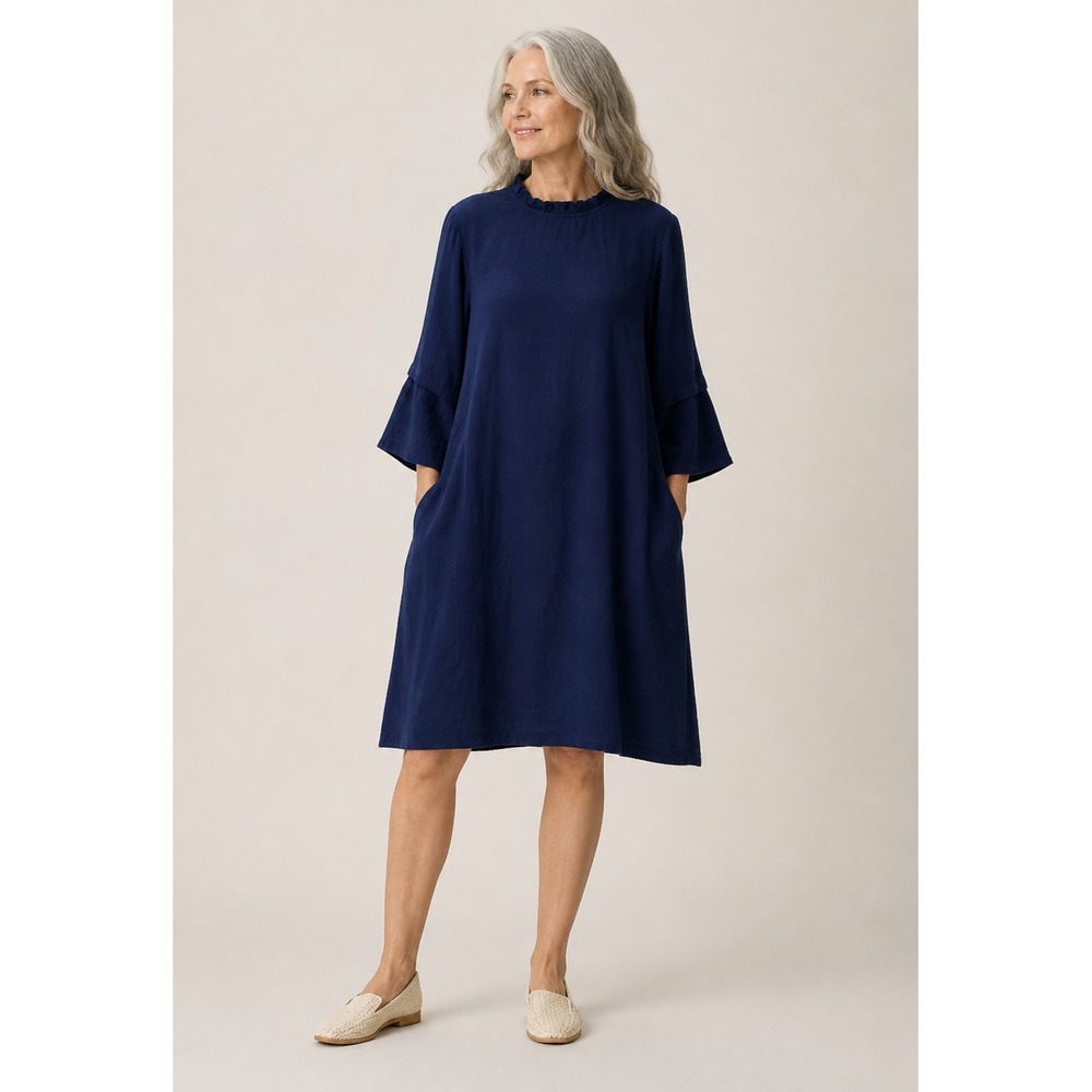 Downeast‎ Belted Ruffle Neck Dress Womens Small Navy Blue Lined Bell Sleeves NEW